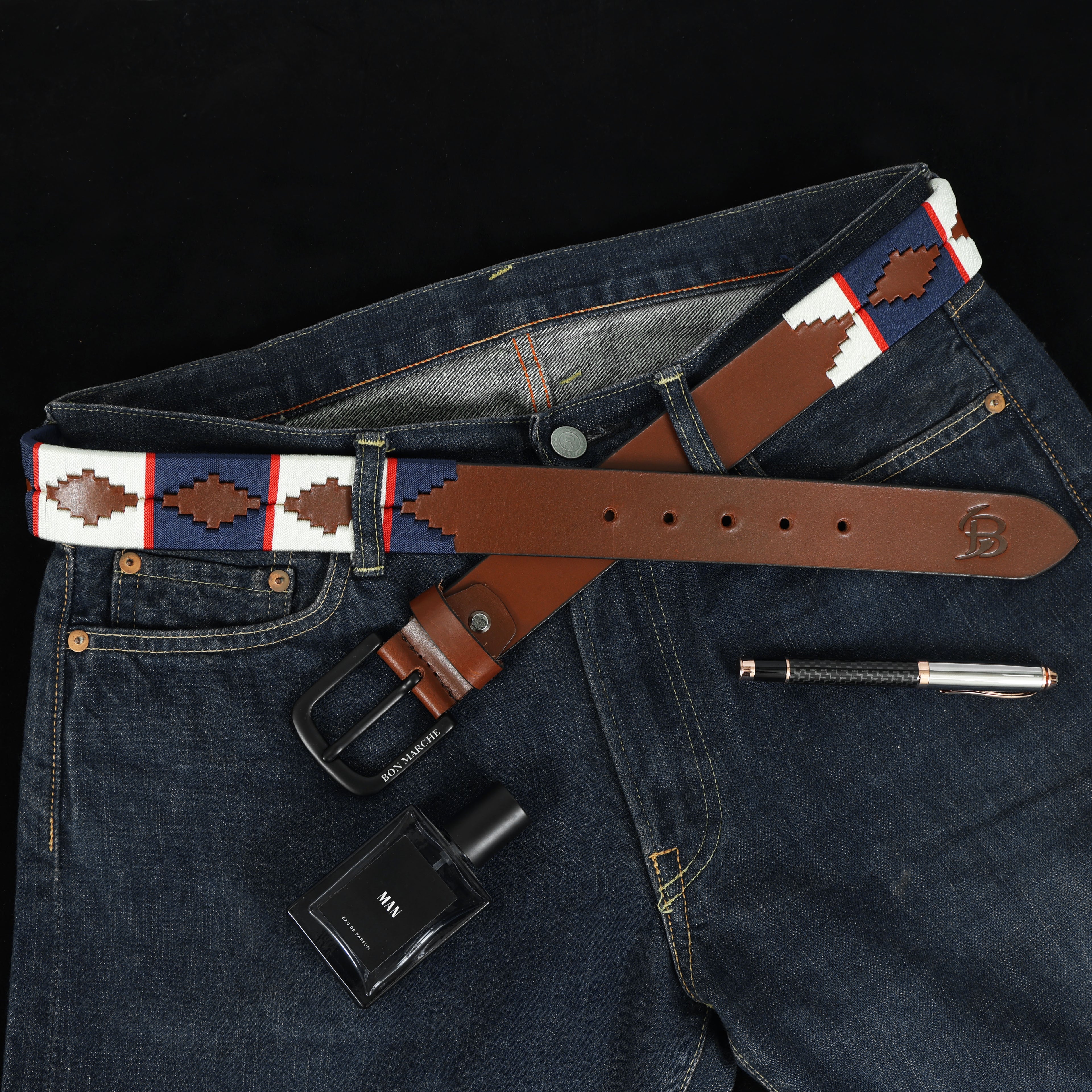 Tan Polo Leather Belt with Blue & Off-White Stitching and Black Buckle