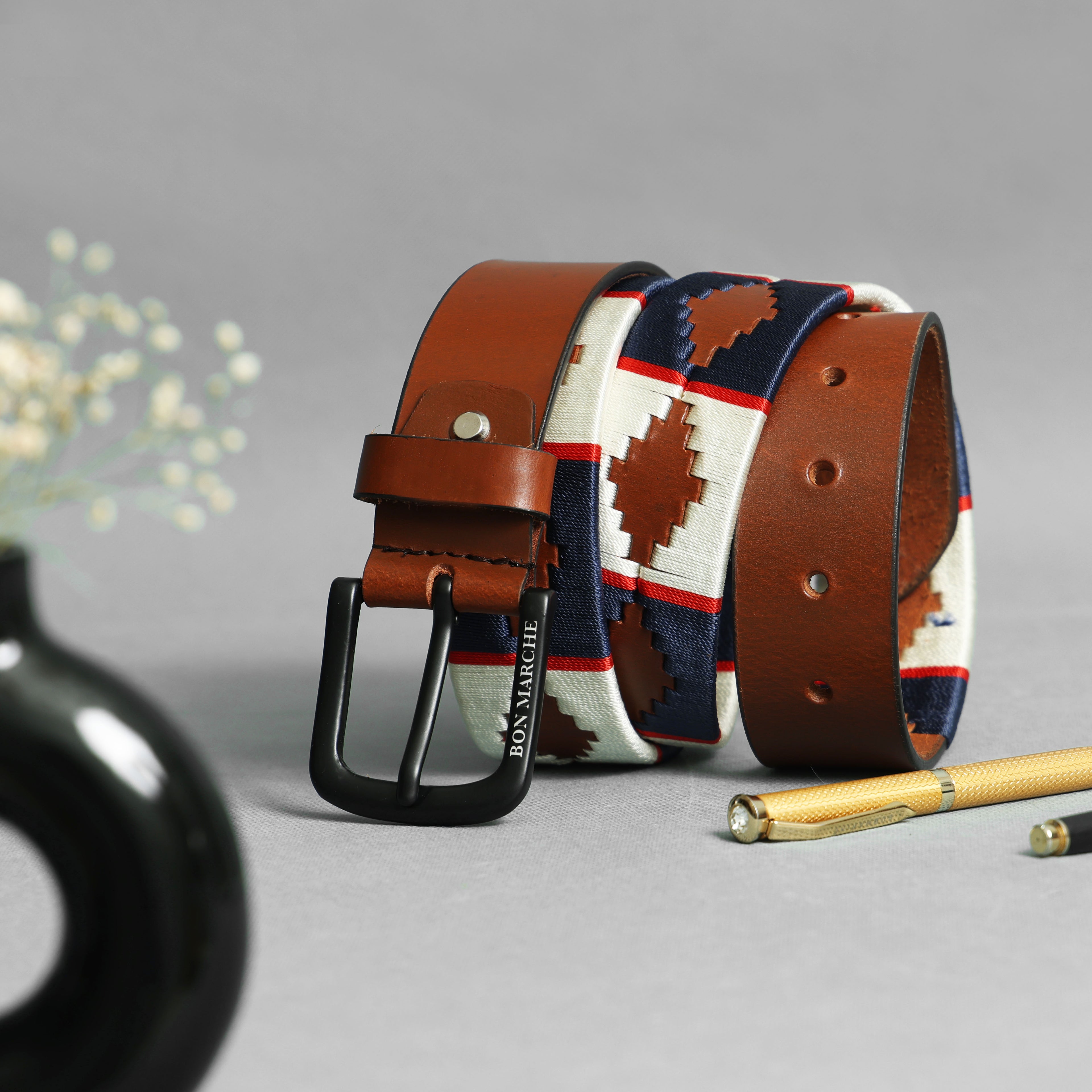 Tan Polo Leather Belt with Blue & Off-White Stitching and Black Buckle