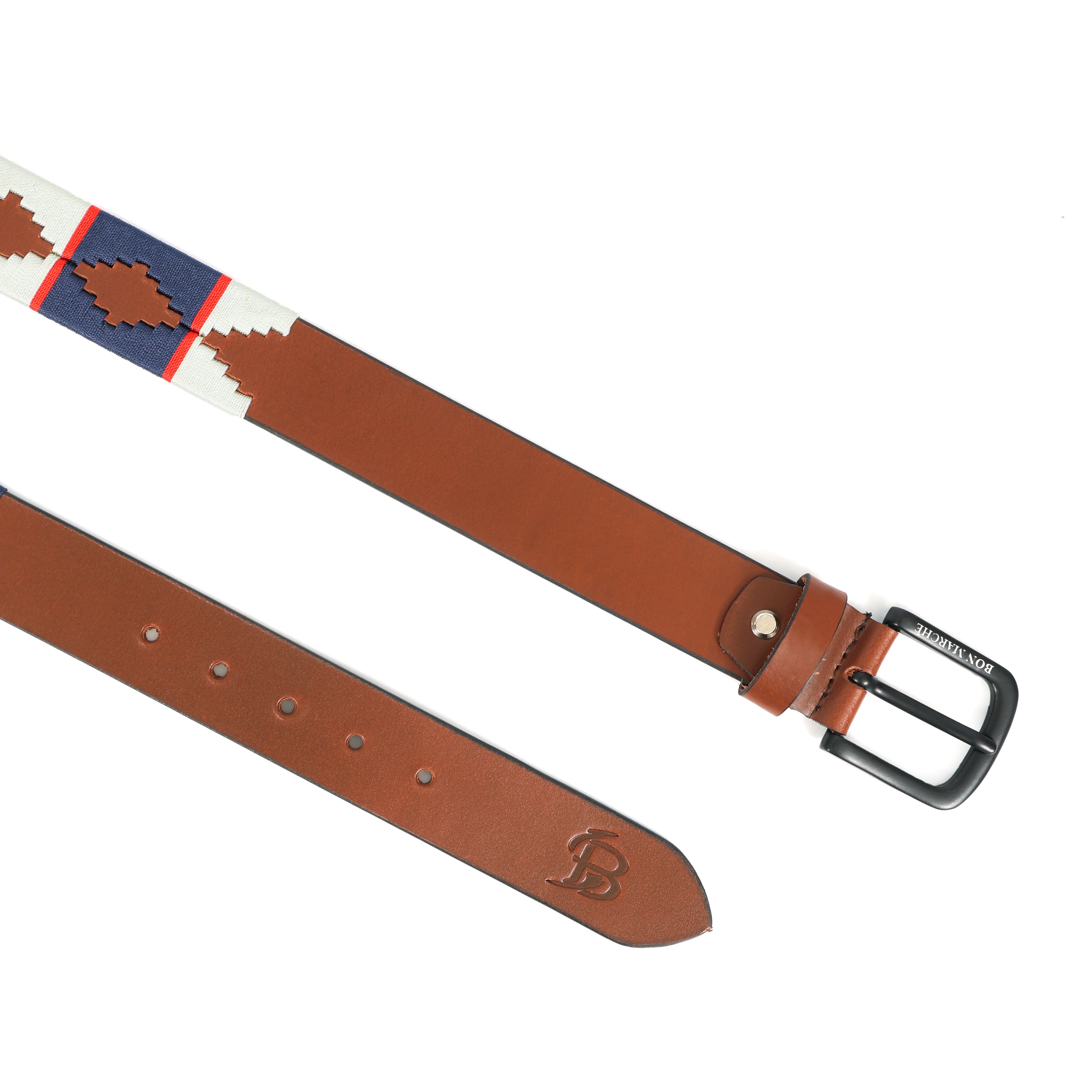 Tan Polo Leather Belt with Blue & Off-White Stitching and Black Buckle