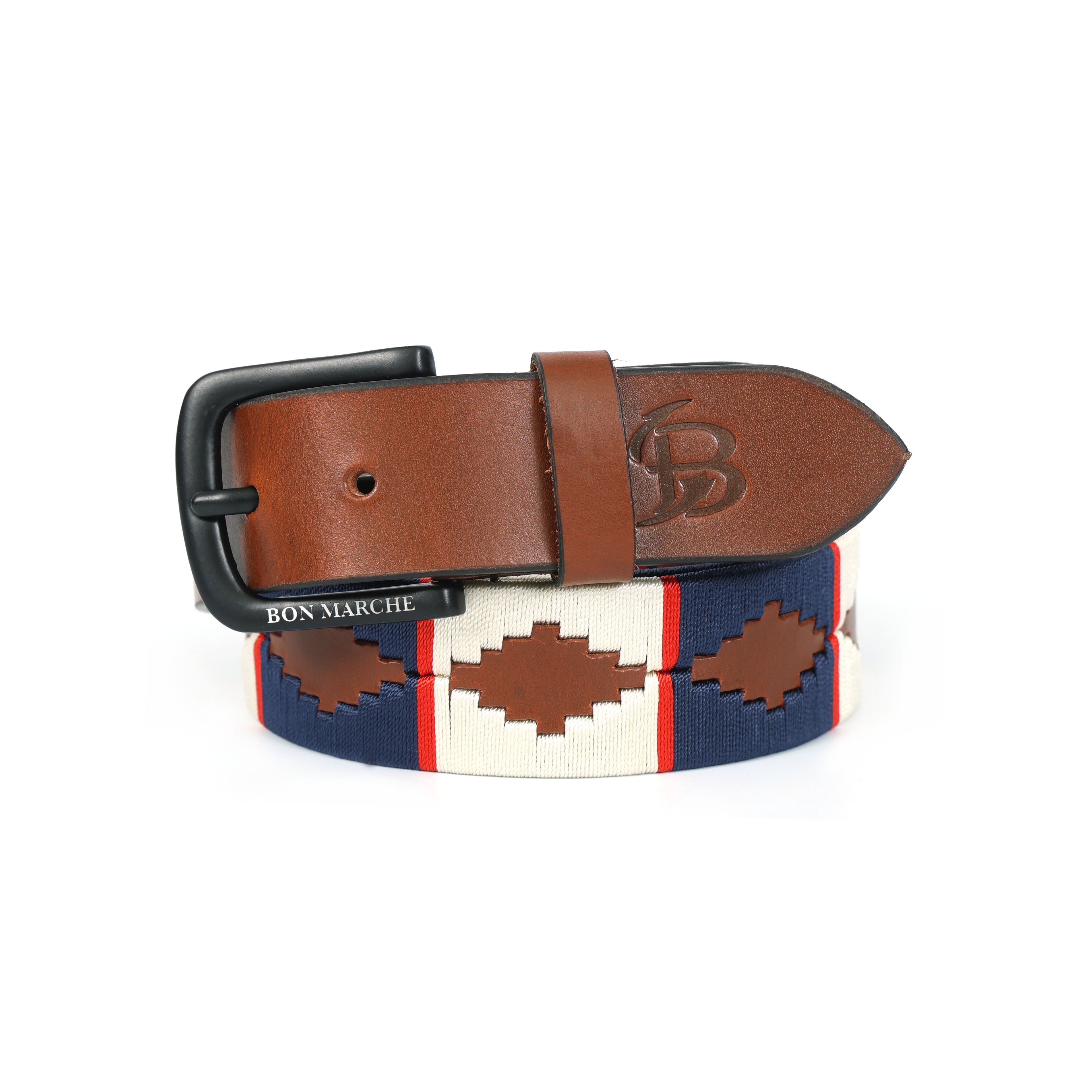Tan Polo Leather Belt with Blue & Off-White Stitching and Black Buckle