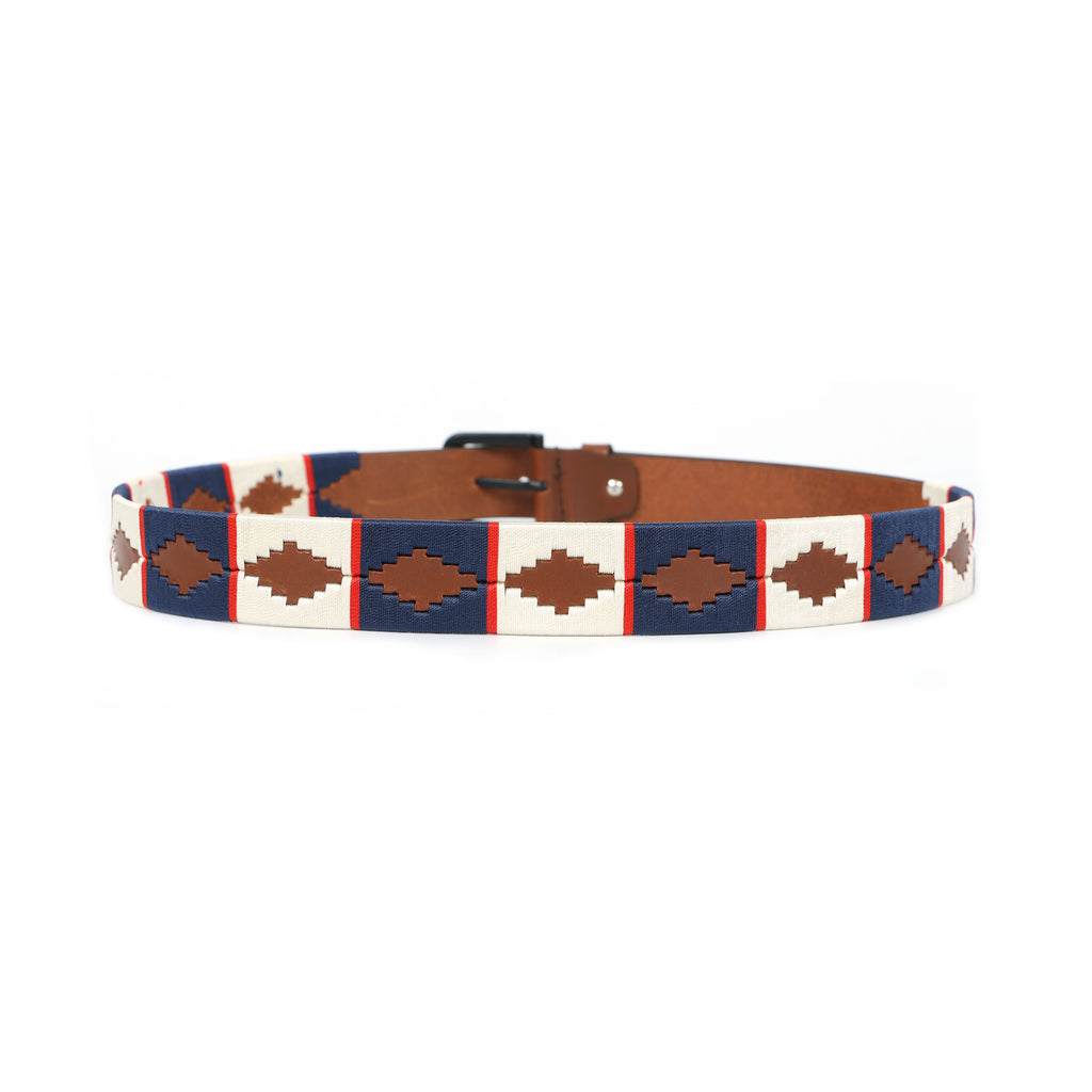Tan Polo Leather Belt with Blue & Off-White Stitching and Black Buckle