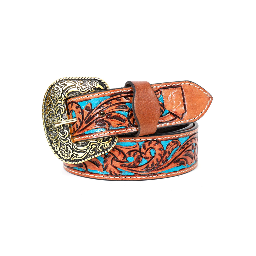 Hand Tooling Leather Belt – Brown Strap with Golden Designer Buckle