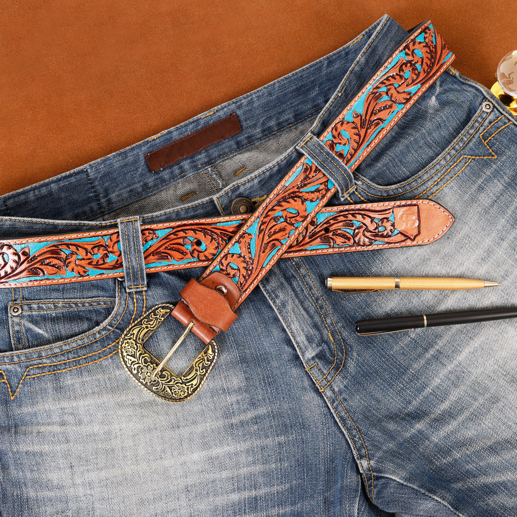 Hand Tooling Leather Belt – Brown Strap with Golden Designer Buckle