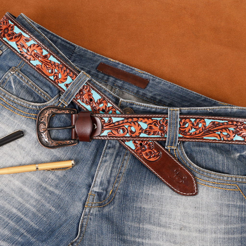 Hand Tooling Leather Belt – Brown Strap with Bronze Designer Buckle