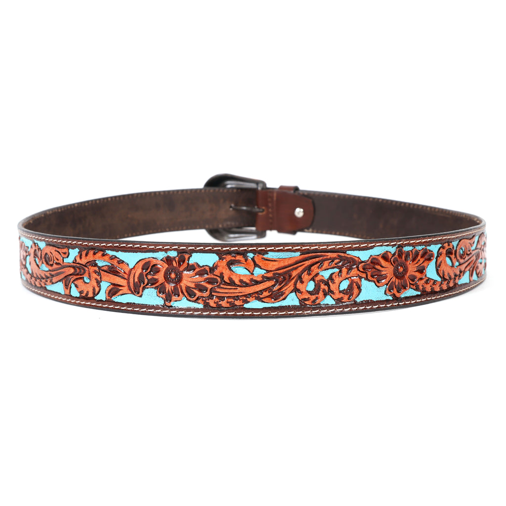 Hand Tooling Leather Belt – Brown Strap with Bronze Designer Buckle
