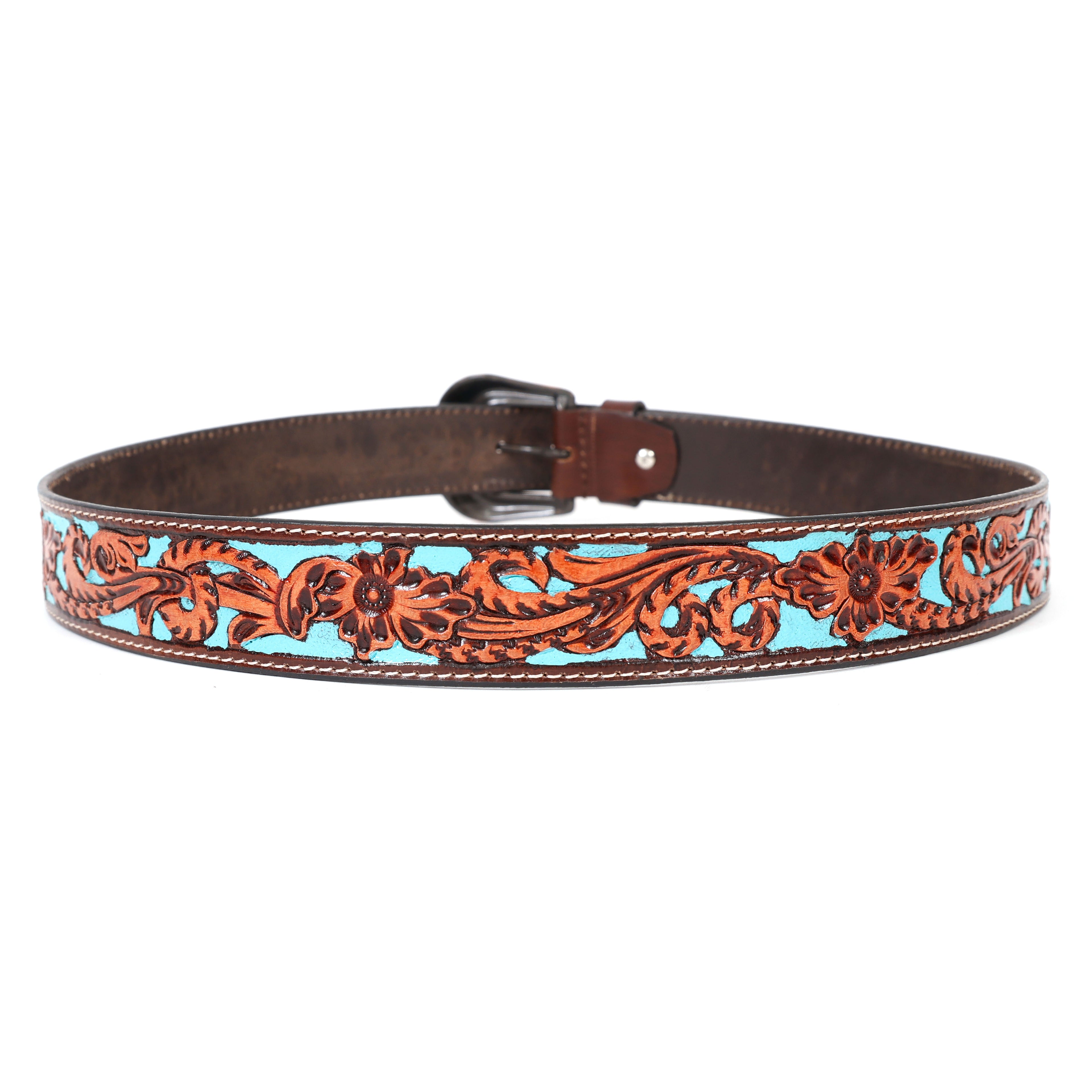Hand Tooling Leather Belt – Brown Strap with Bronze Designer Buckle