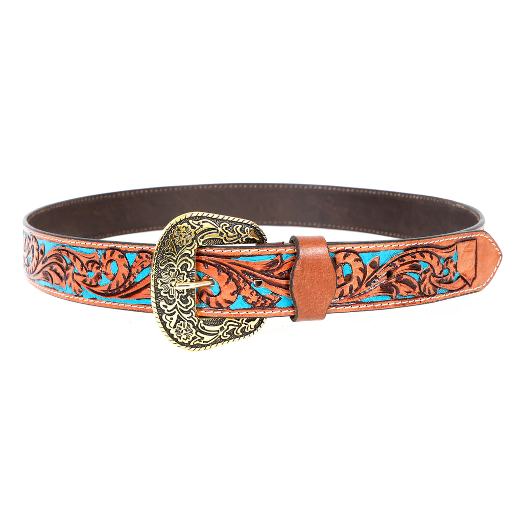 Hand Tooling Leather Belt – Brown Strap with Golden Designer Buckle