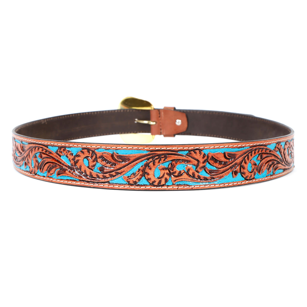 Hand Tooling Leather Belt – Brown Strap with Golden Designer Buckle