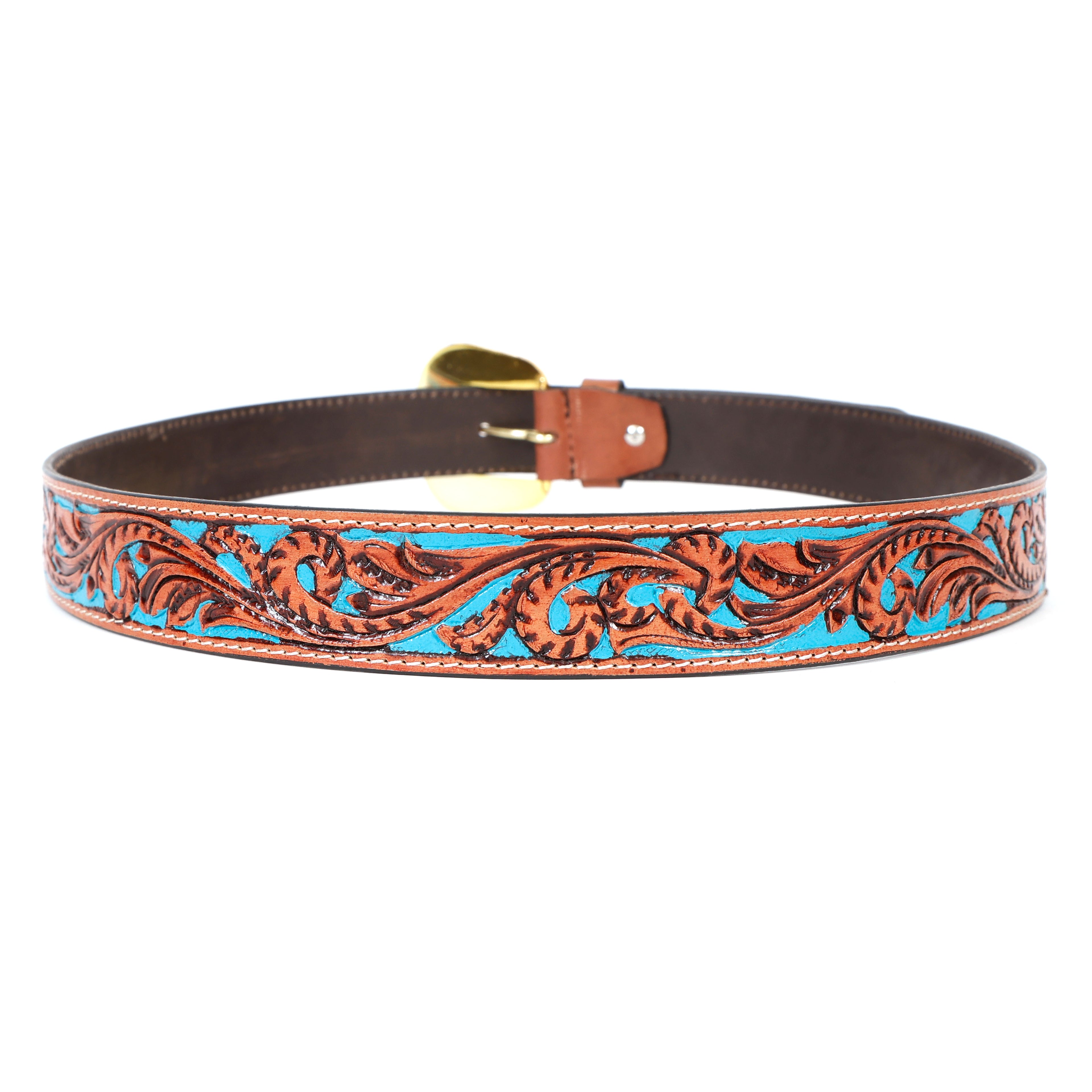 Hand Tooling Leather Belt – Brown Strap with Golden Designer Buckle