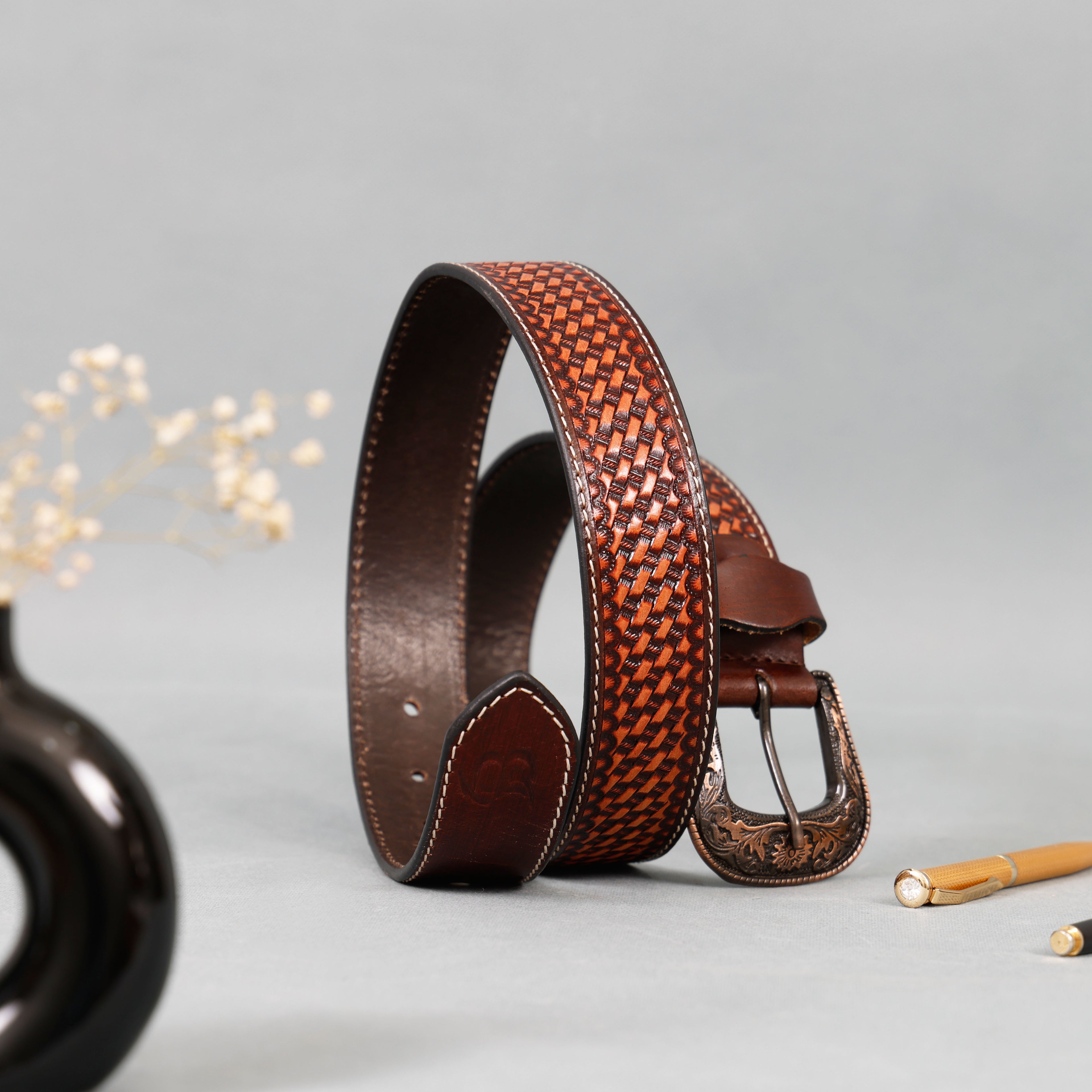 Hand Tooling Leather Belt – Brown Strap with Designer Buckle