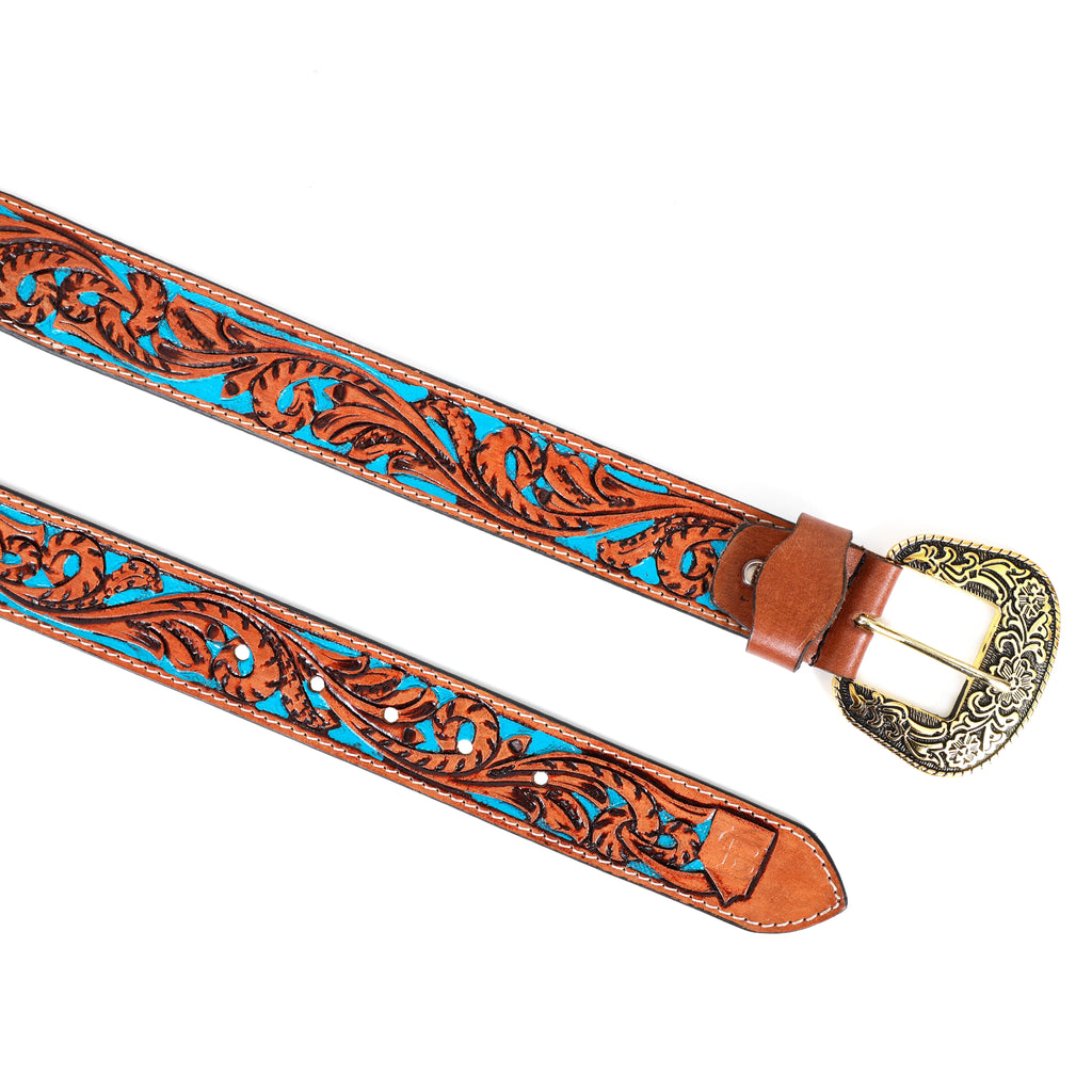 Hand Tooling Leather Belt – Brown Strap with Golden Designer Buckle