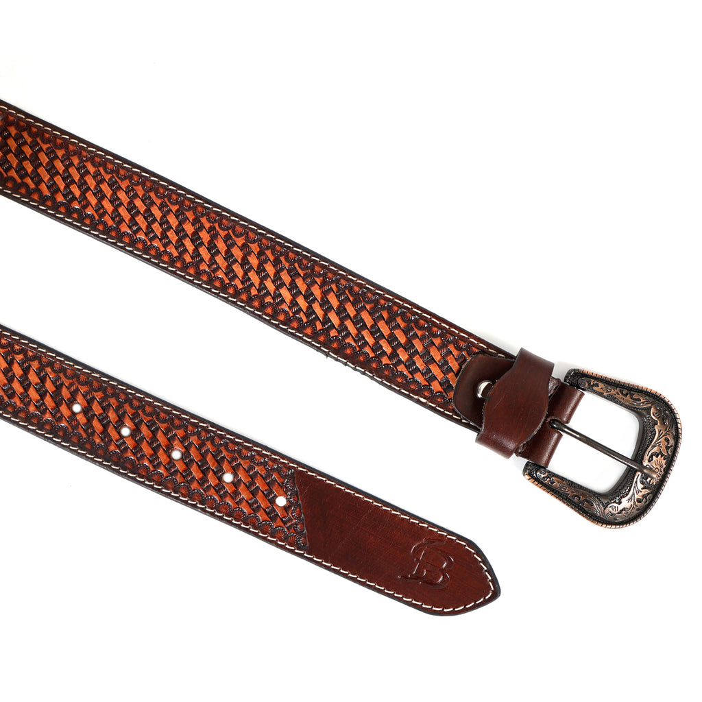 Hand Tooling Leather Belt – Brown Strap with Designer Buckle