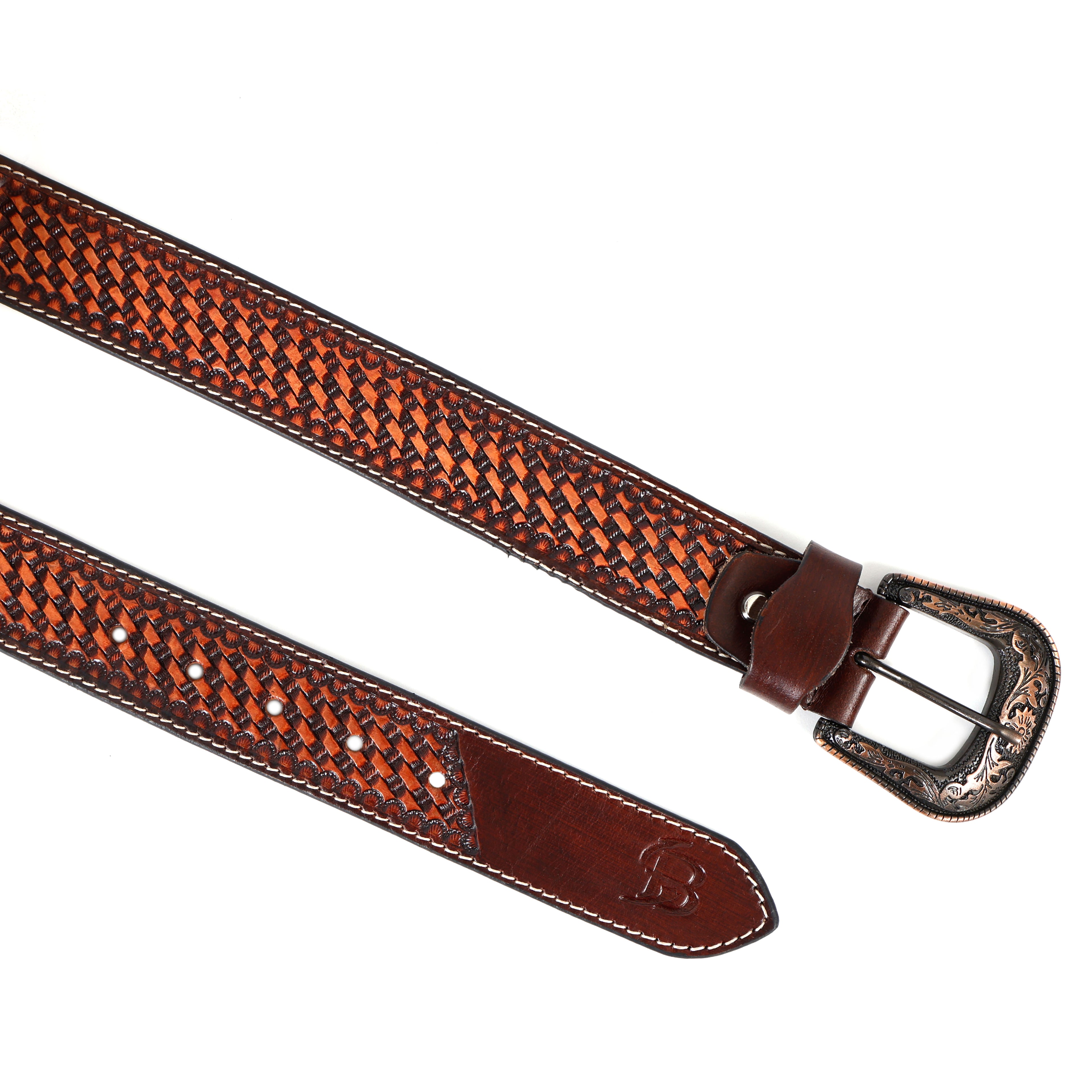Hand Tooling Leather Belt – Brown Strap with Designer Buckle