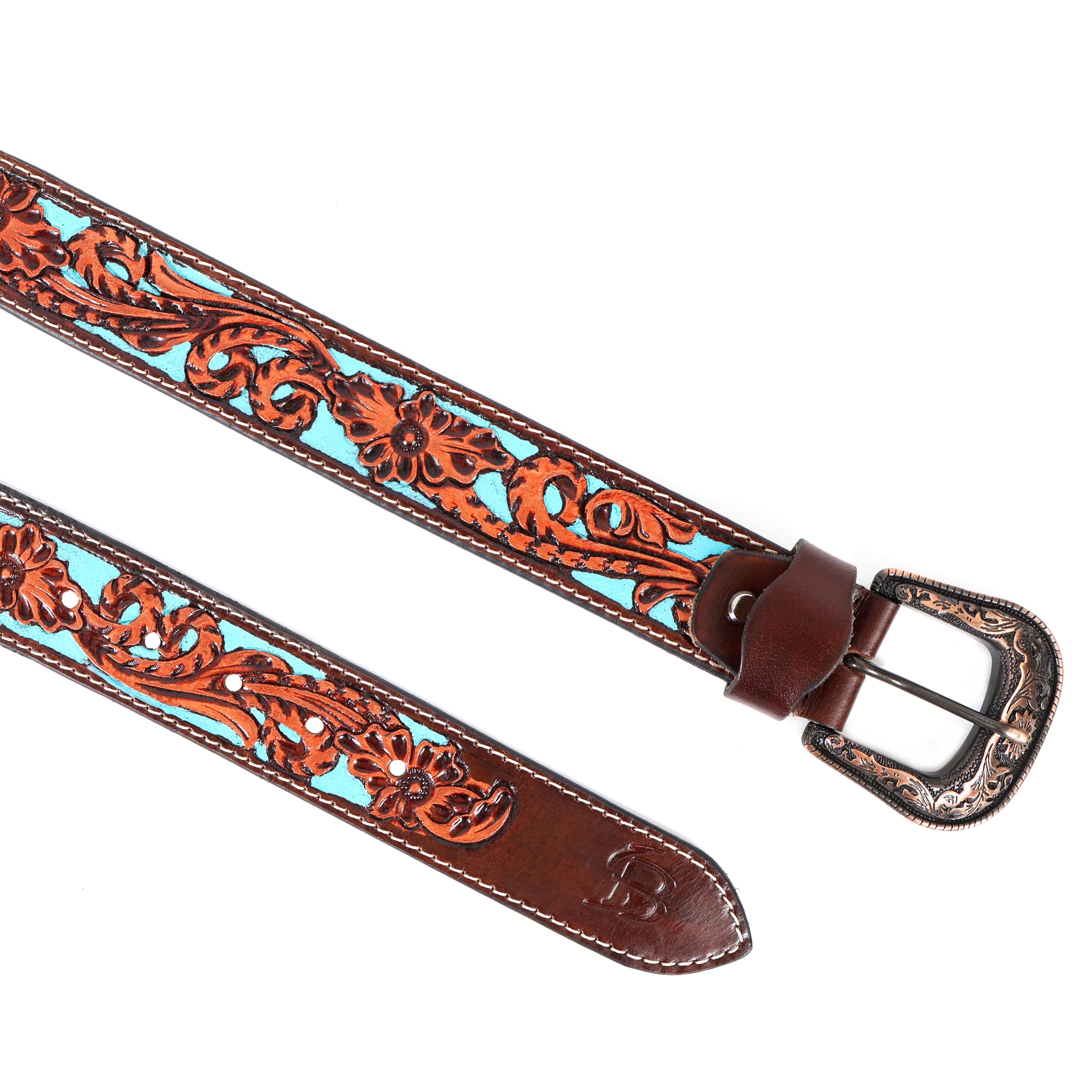 Hand Tooling Leather Belt – Brown Strap with Bronze Designer Buckle