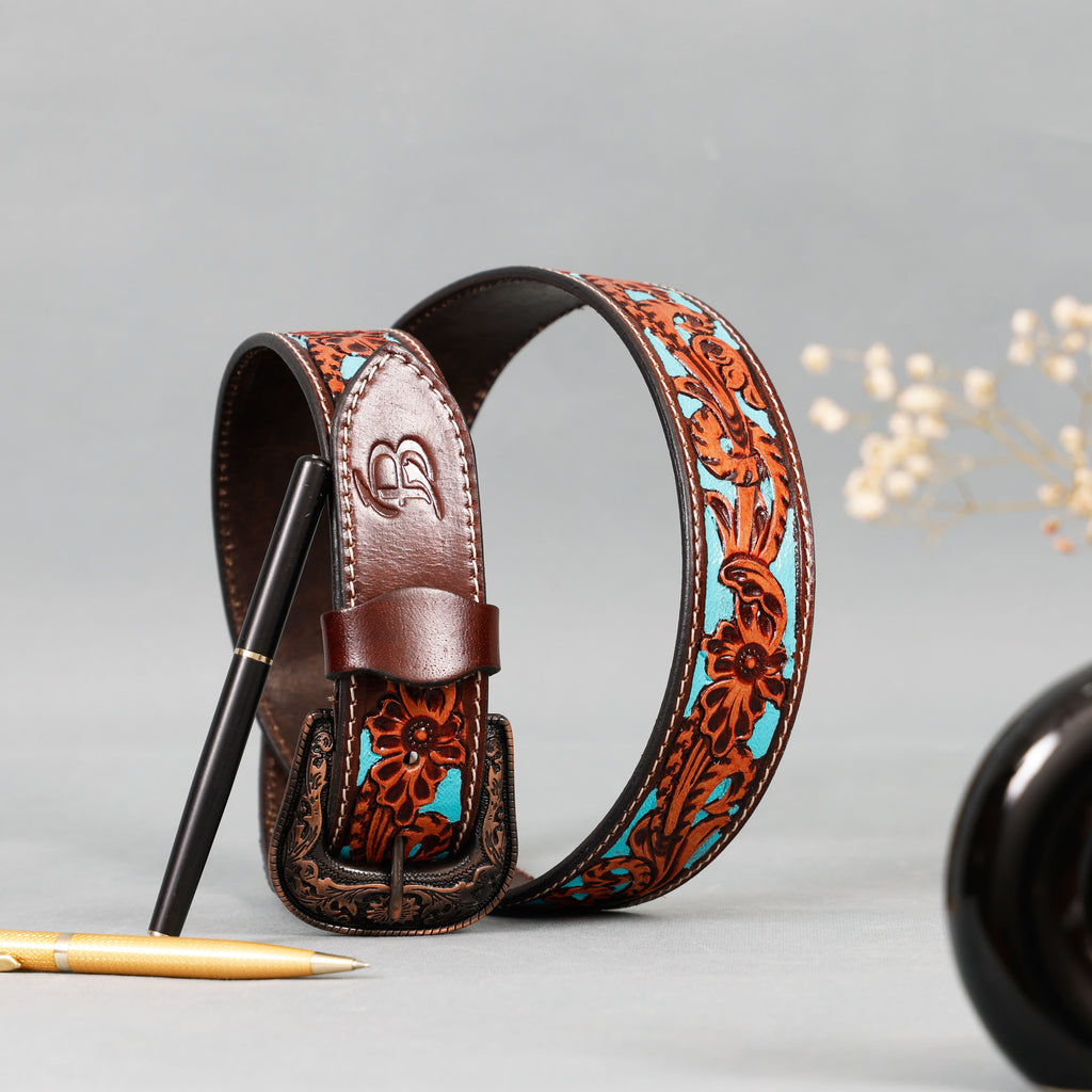 Hand Tooling Leather Belt – Brown Strap with Bronze Designer Buckle