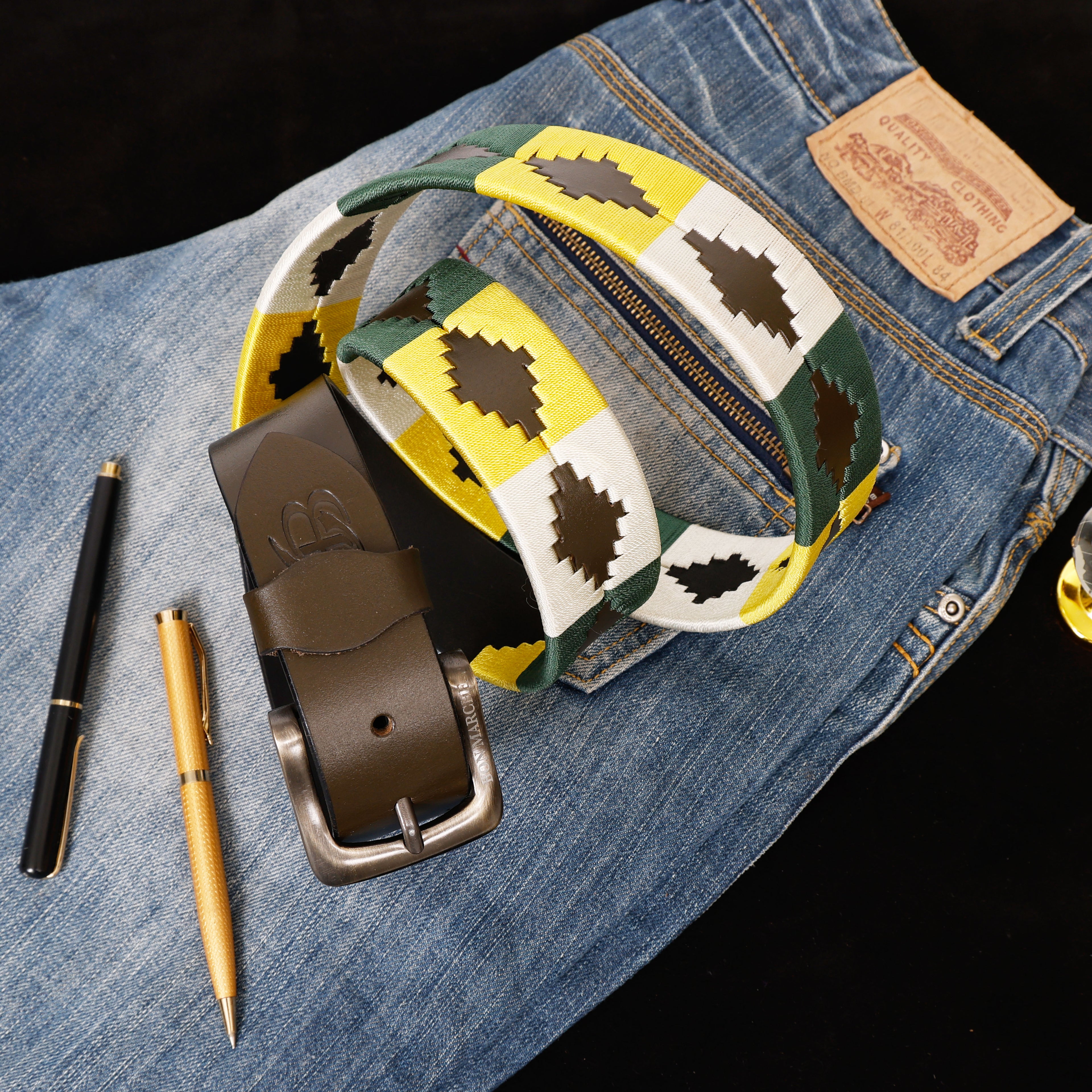 Polo Leather Belt – Brown Strap with Green, White & Yellow Stitching