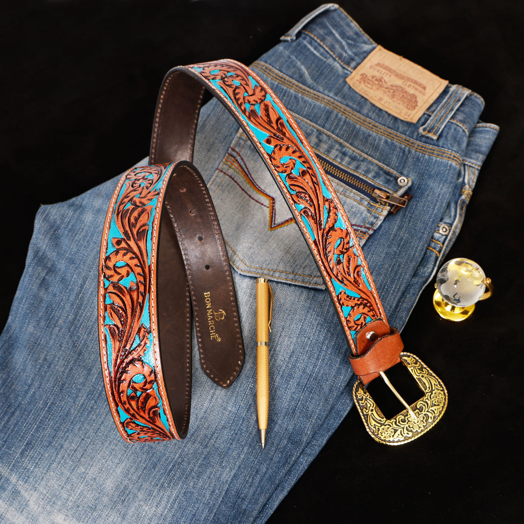 Hand Tooling Leather Belt – Brown Strap with Golden Designer Buckle