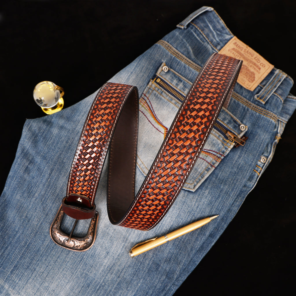 Hand Tooling Leather Belt – Brown Strap with Designer Buckle