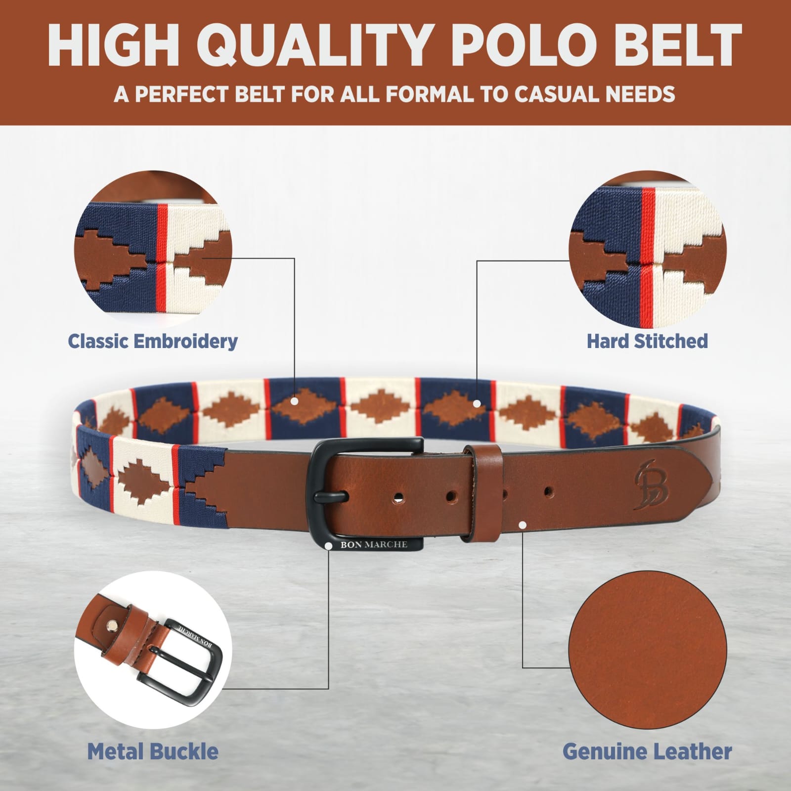 Tan Polo Leather Belt with Blue & Off-White Stitching and Black Buckle