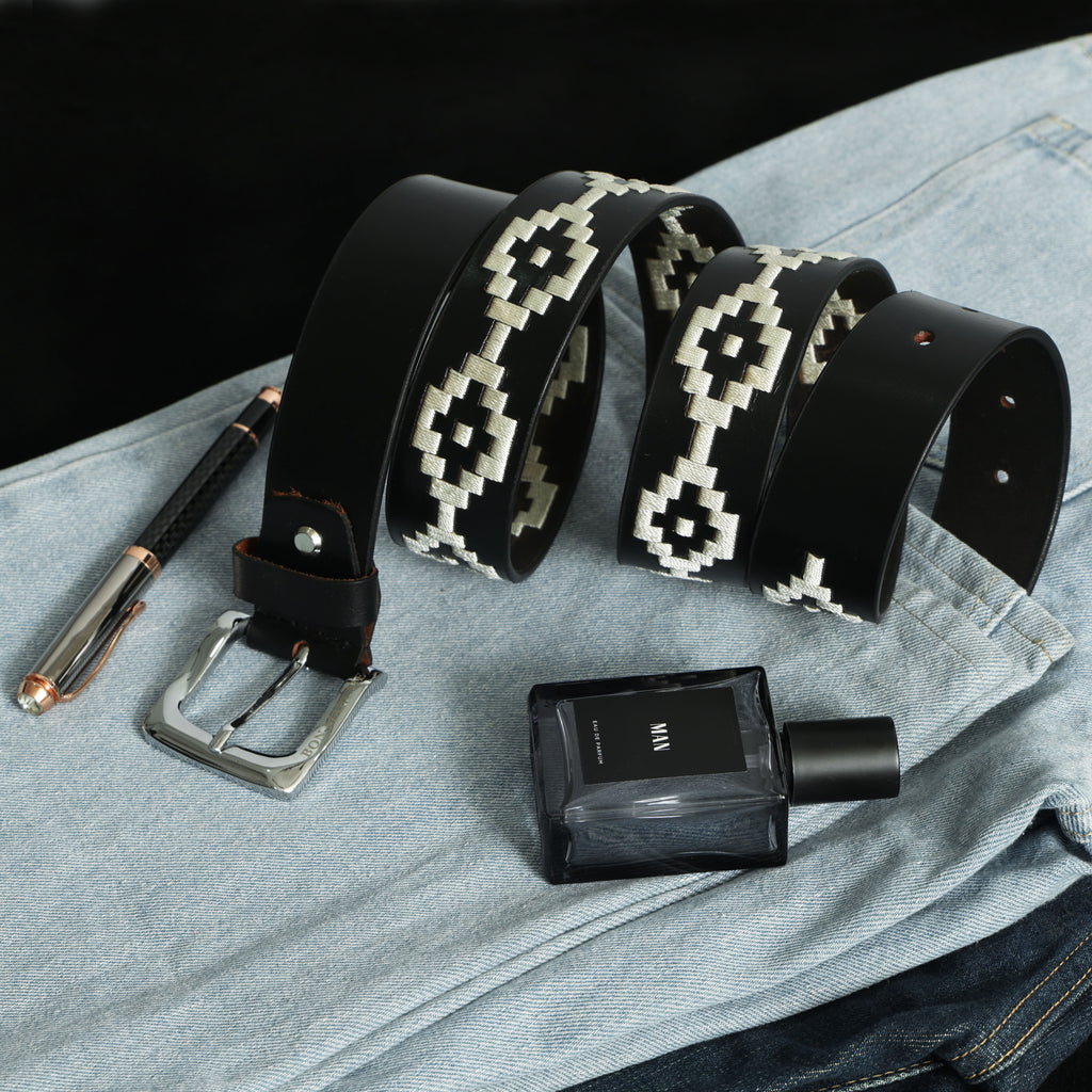 Bon Marche Black Leather Polo Belt with Off-White Diamond Embroidery and Silver Buckle