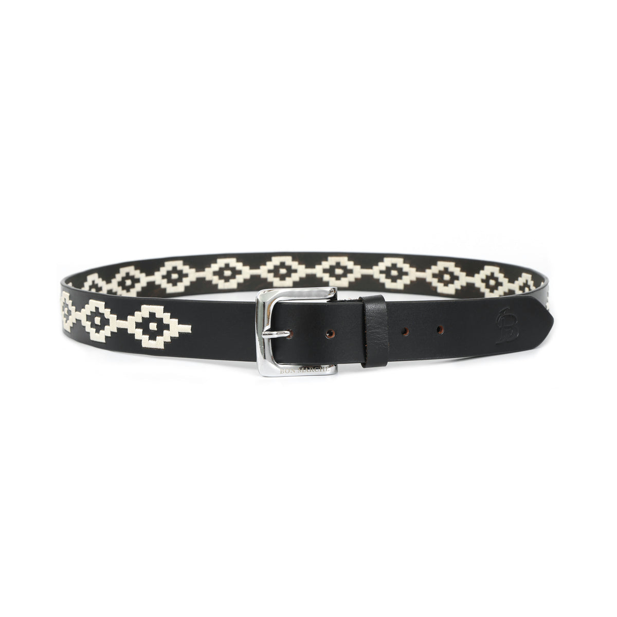 Bon Marche Black Leather Polo Belt with Off-White Diamond Embroidery and Silver Buckle