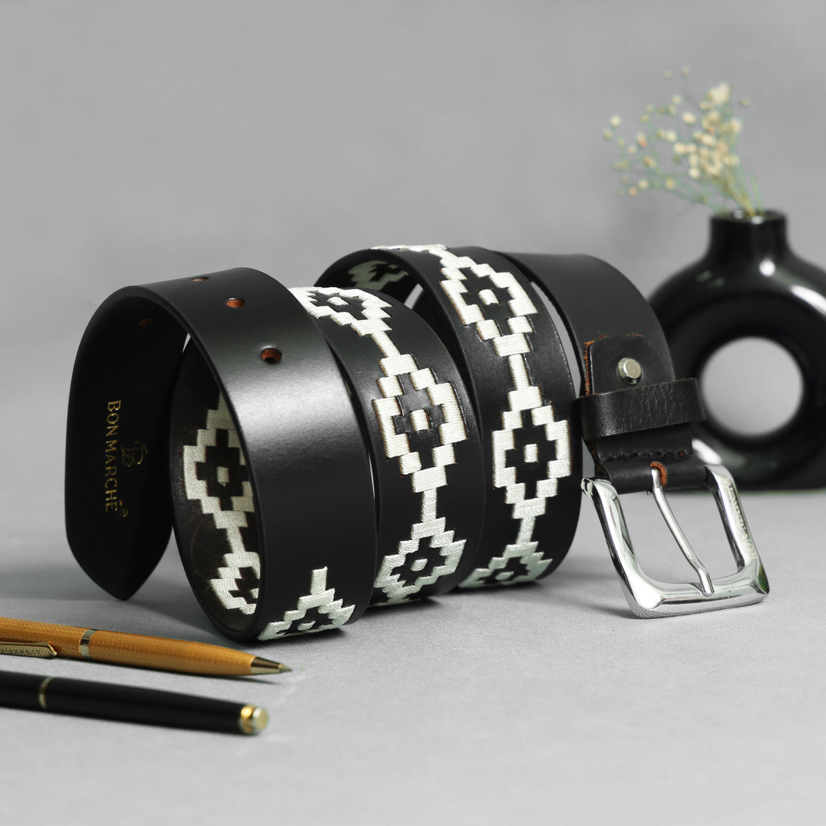 Bon Marche Black Leather Polo Belt with Off-White Diamond Embroidery and Silver Buckle