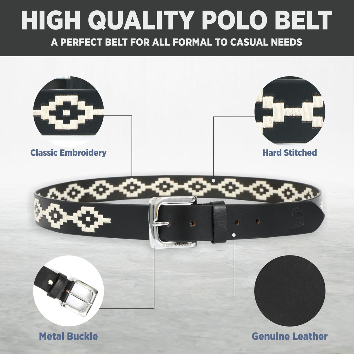 Bon Marche Black Leather Polo Belt with Off-White Diamond Embroidery and Silver Buckle