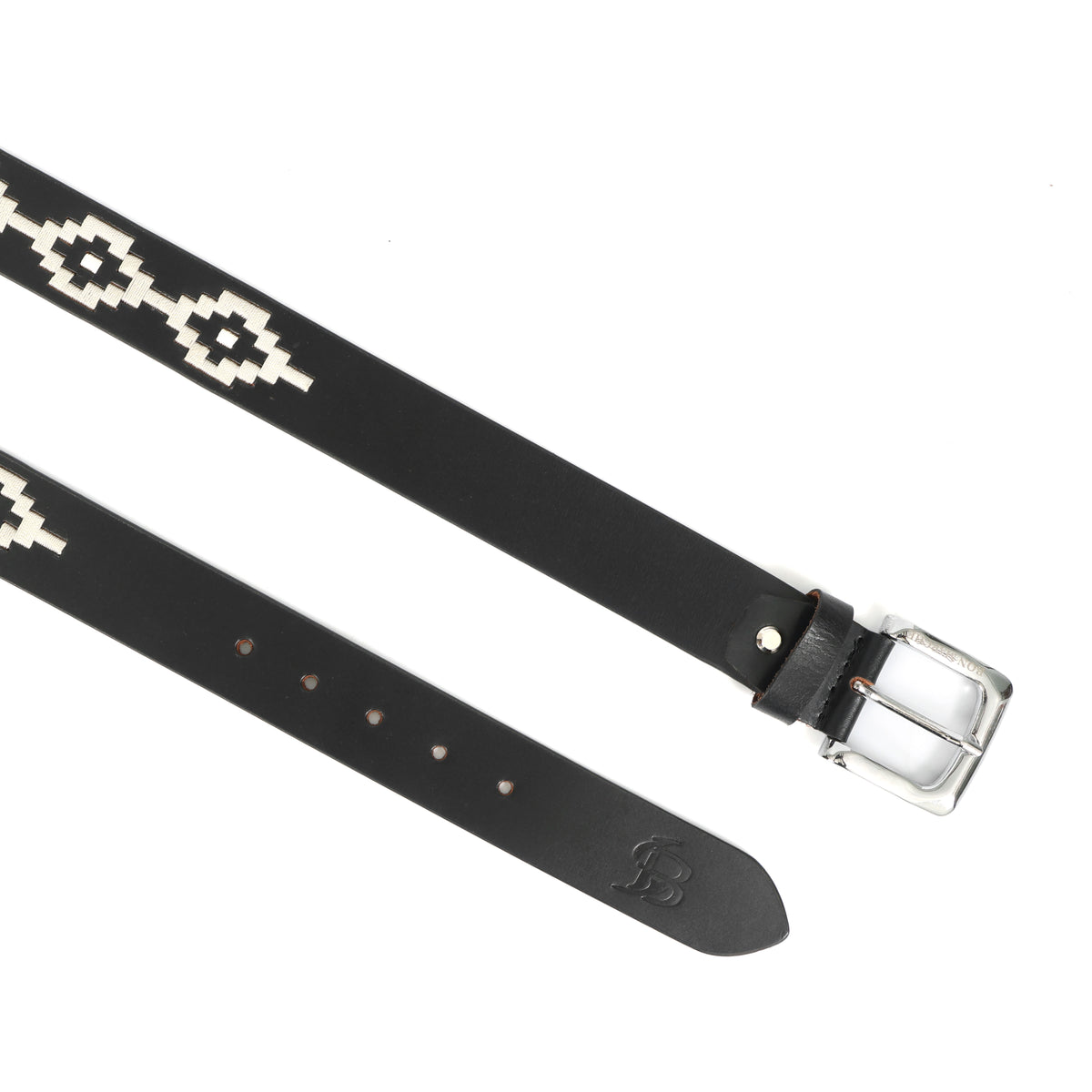 Bon Marche Black Leather Polo Belt with Off-White Diamond Embroidery and Silver Buckle