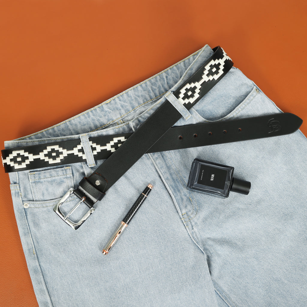 Bon Marche Black Leather Polo Belt with Off-White Diamond Embroidery and Silver Buckle