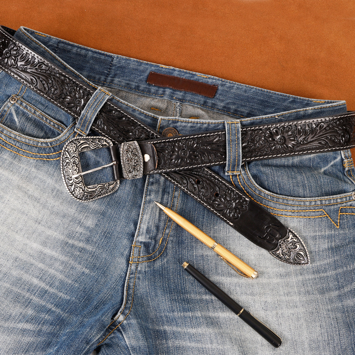 Bon Marche Hand-Tooled Black Leather Western Belt with Engraved Silver Buckle, Keeper, and Tip