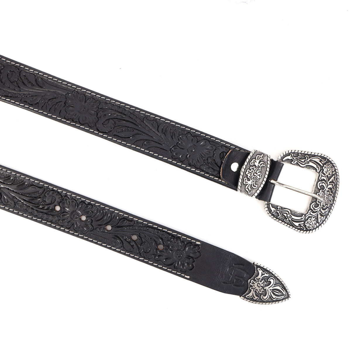 Bon Marche Hand-Tooled Black Leather Western Belt with Engraved Silver Buckle, Keeper, and Tip