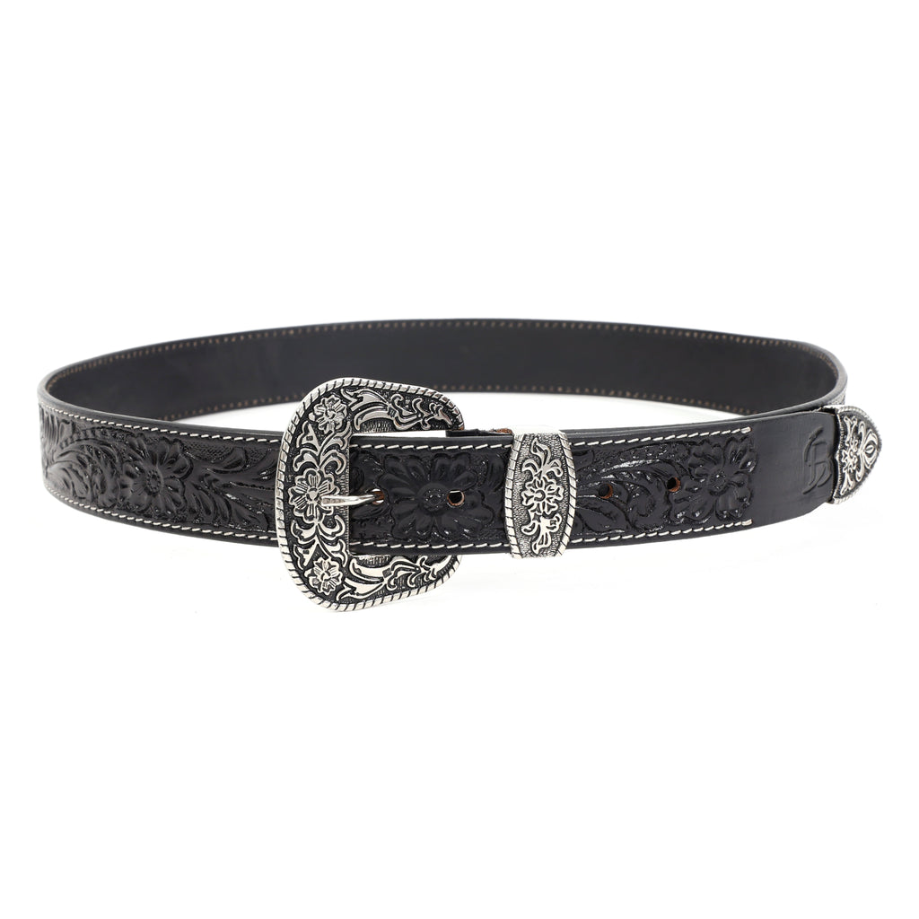 Bon Marche Hand-Tooled Black Leather Western Belt with Engraved Silver Buckle, Keeper, and Tip