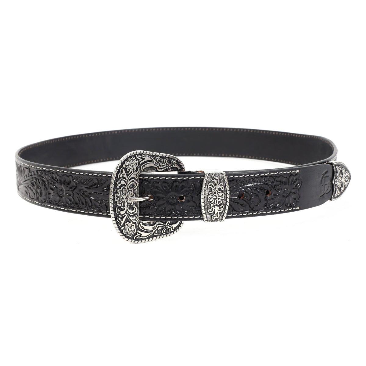 Bon Marche Hand-Tooled Black Leather Western Belt with Engraved Silver Buckle, Keeper, and Tip
