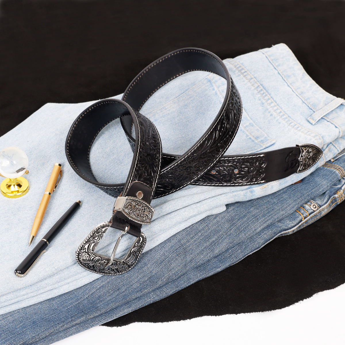 Bon Marche Hand-Tooled Black Leather Western Belt with Engraved Silver Buckle, Keeper, and Tip