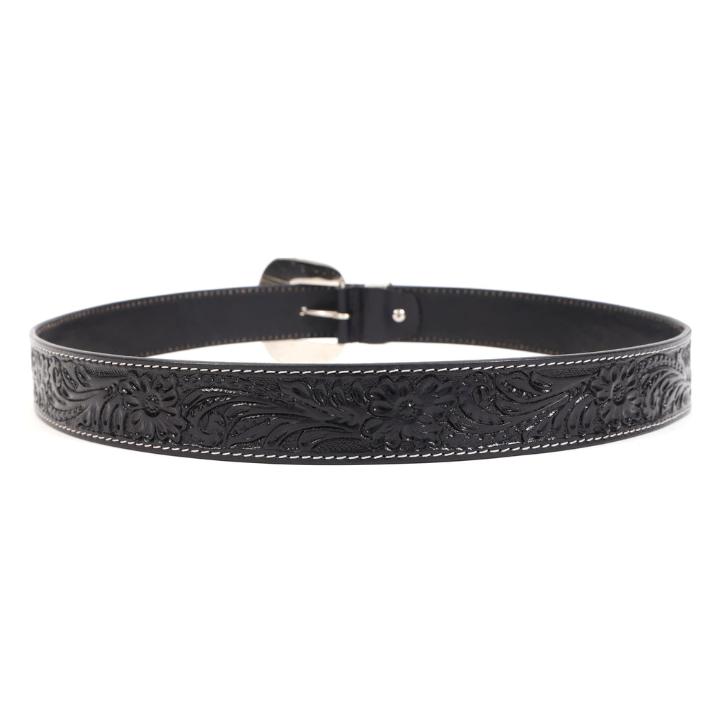 Bon Marche Hand-Tooled Black Leather Western Belt with Engraved Silver Buckle, Keeper, and Tip