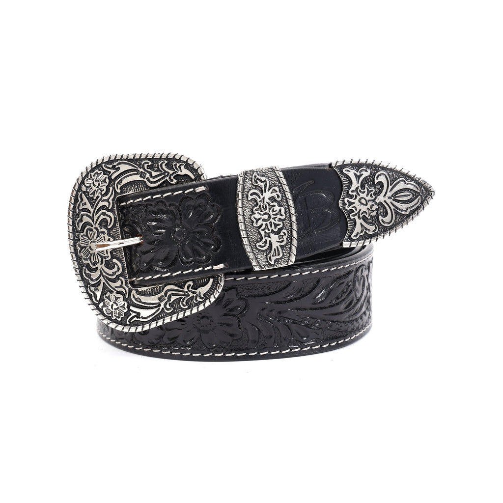 Bon Marche Hand-Tooled Black Leather Western Belt with Engraved Silver Buckle, Keeper, and Tip