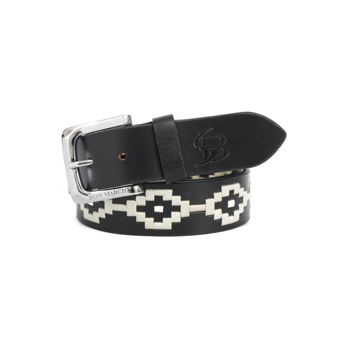 Bon Marche Black Leather Polo Belt with Off-White Diamond Embroidery and Silver Buckle