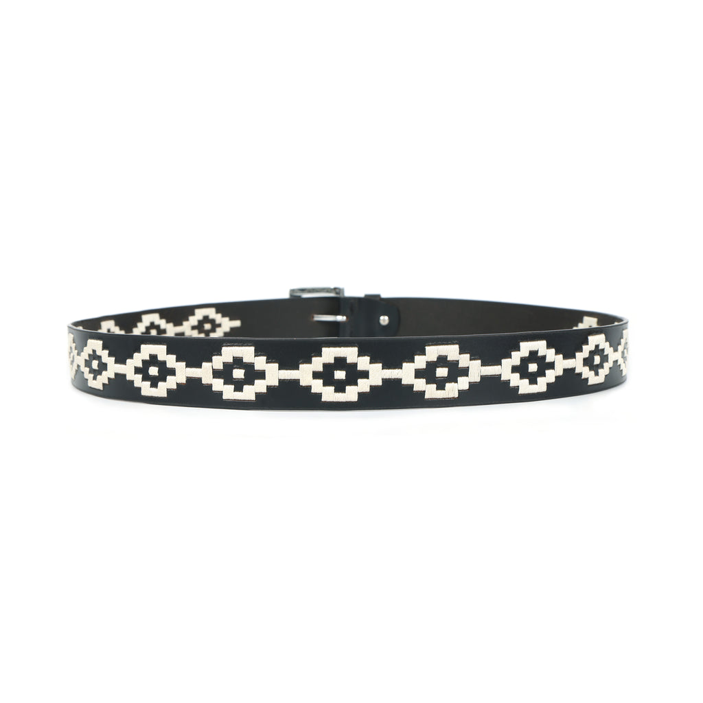 Bon Marche Black Leather Polo Belt with Off-White Diamond Embroidery and Silver Buckle