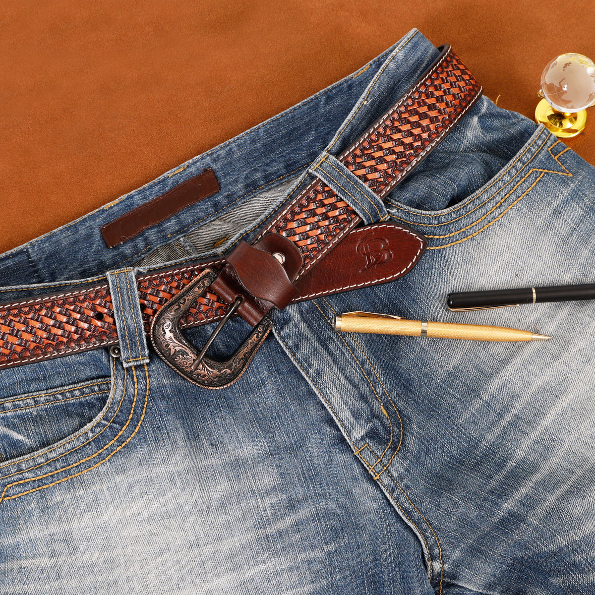 Bon Marche Hand-Tooled Brown Basketweave Leather Western Belt with Engraved Copper Buckle