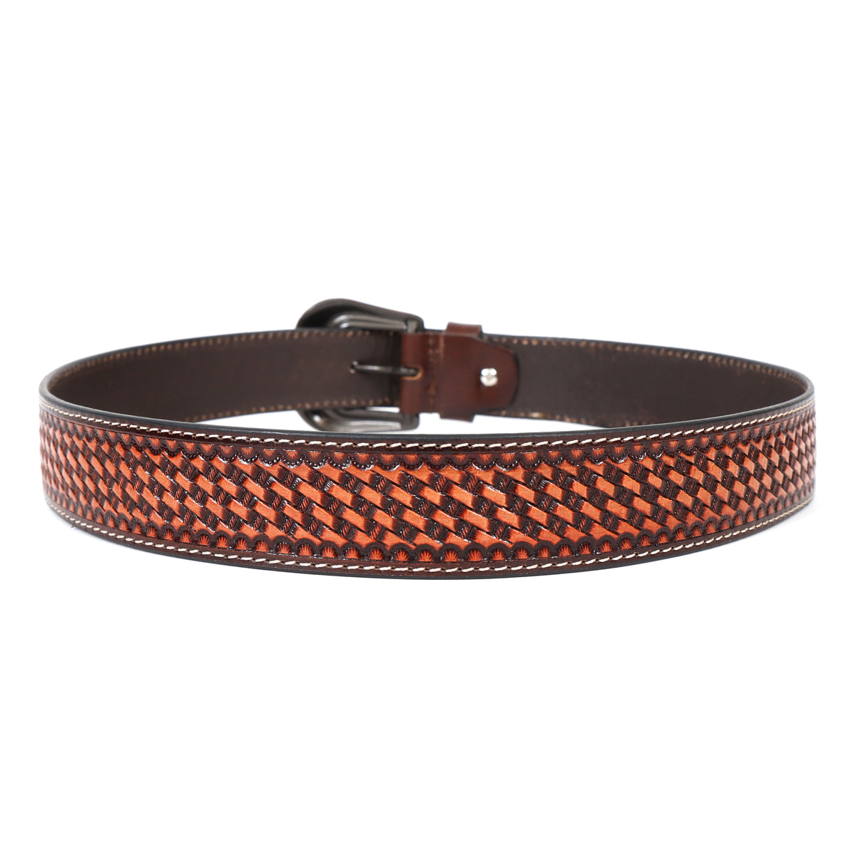 Bon Marche Hand-Tooled Brown Basketweave Leather Western Belt with Engraved Copper Buckle