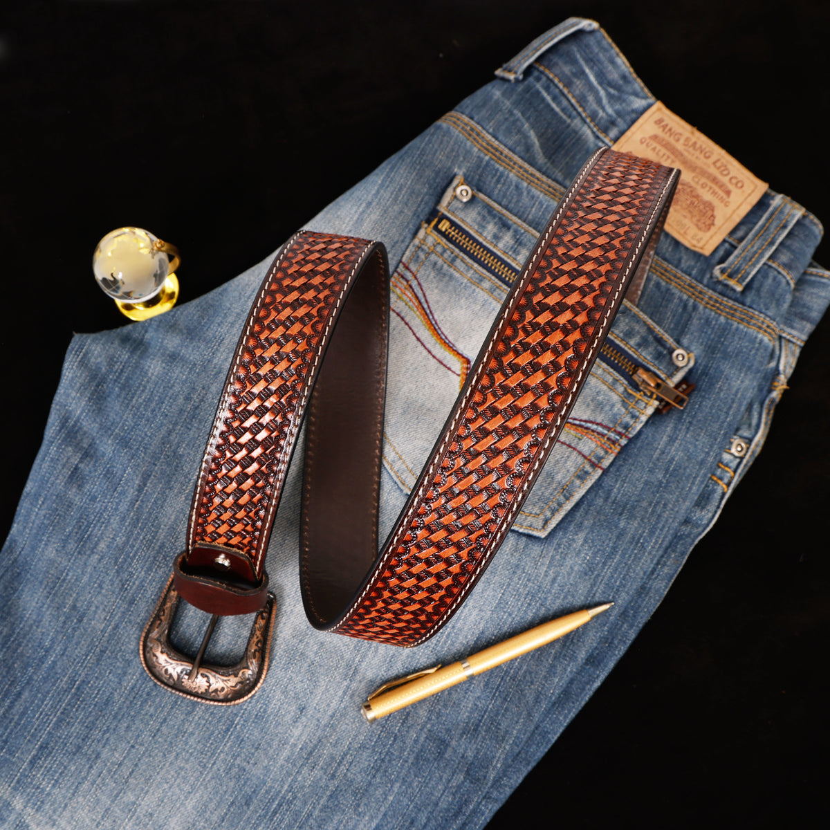 Bon Marche Hand-Tooled Brown Basketweave Leather Western Belt with Engraved Copper Buckle