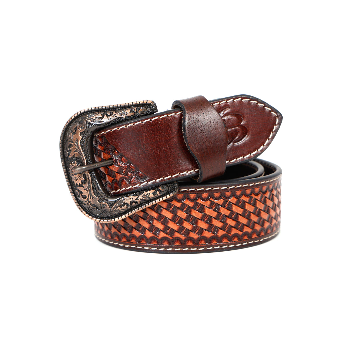 Bon Marche Hand-Tooled Brown Basketweave Leather Western Belt with Engraved Copper Buckle