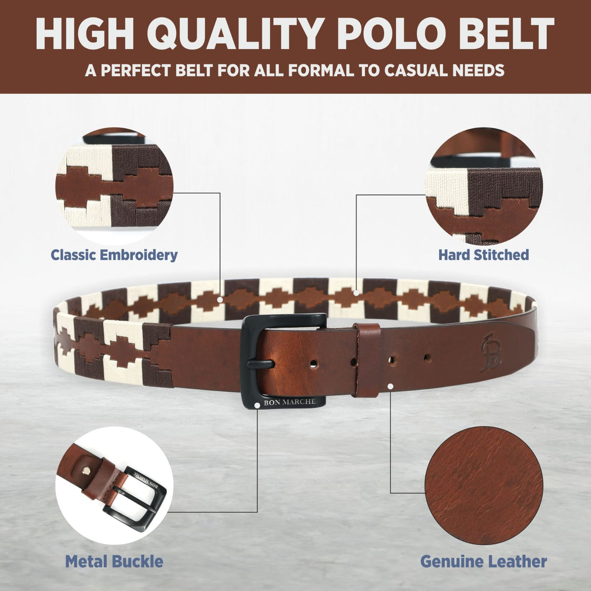 Bon Marche Brown Leather Polo Belt with Cream and Dark Brown Diamond Embroidery