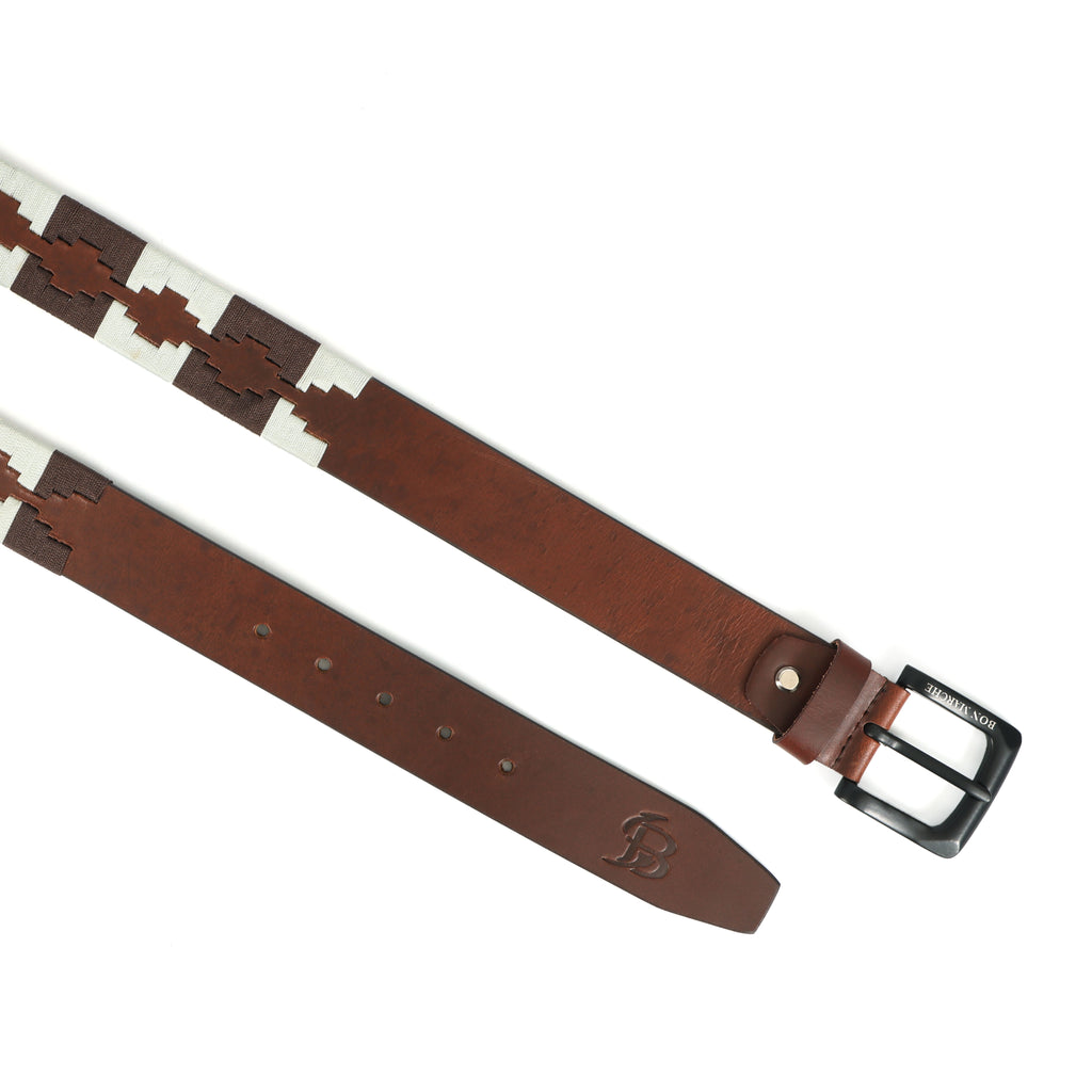 Bon Marche Brown Leather Polo Belt with Cream and Dark Brown Diamond Embroidery