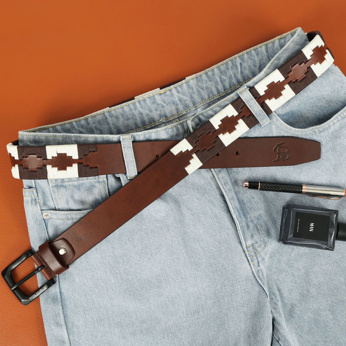 Bon Marche Brown Leather Polo Belt with Cream and Dark Brown Diamond Embroidery