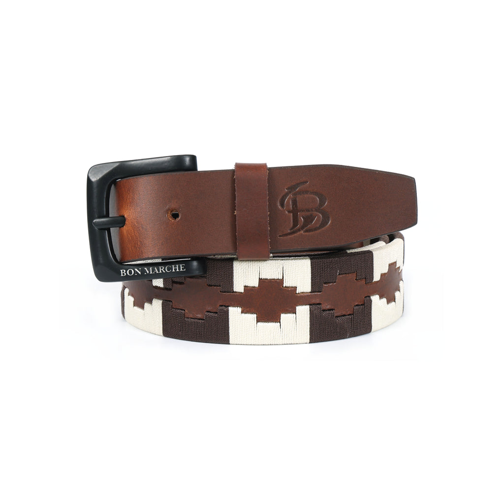 Bon Marche Brown Leather Polo Belt with Cream and Dark Brown Diamond Embroidery