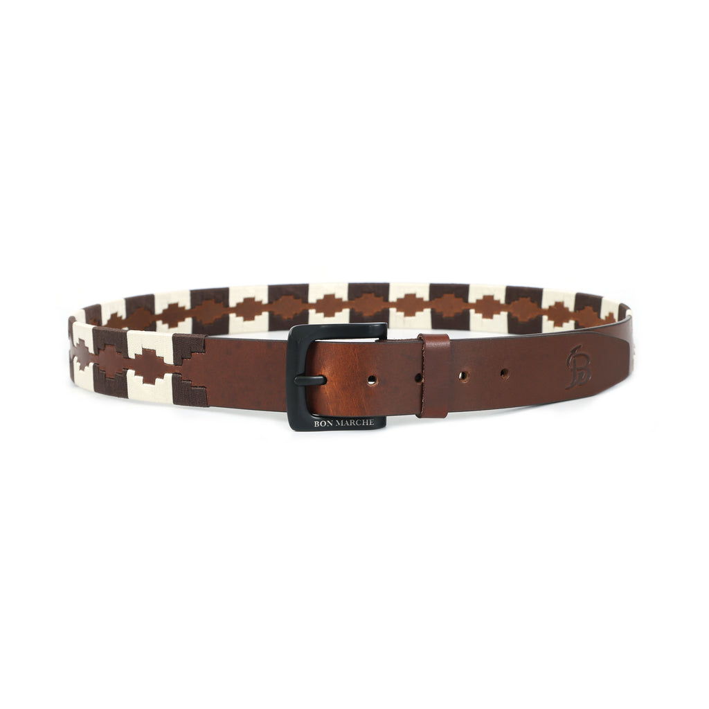Bon Marche Brown Leather Polo Belt with Cream and Dark Brown Diamond Embroidery
