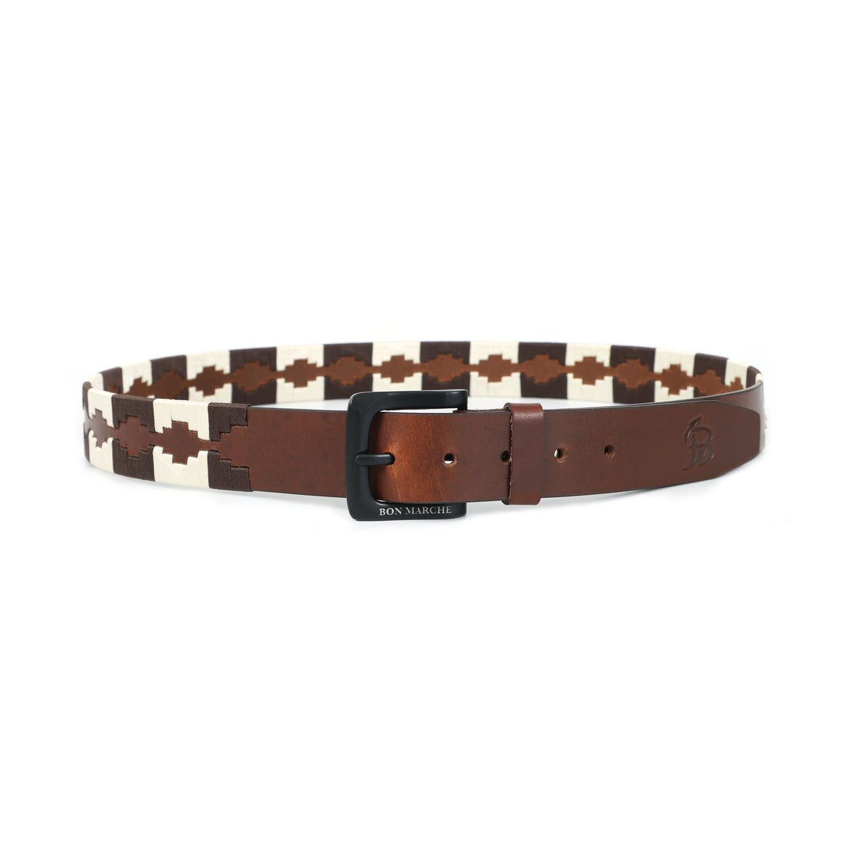 Bon Marche Brown Leather Polo Belt with Cream and Dark Brown Diamond Embroidery