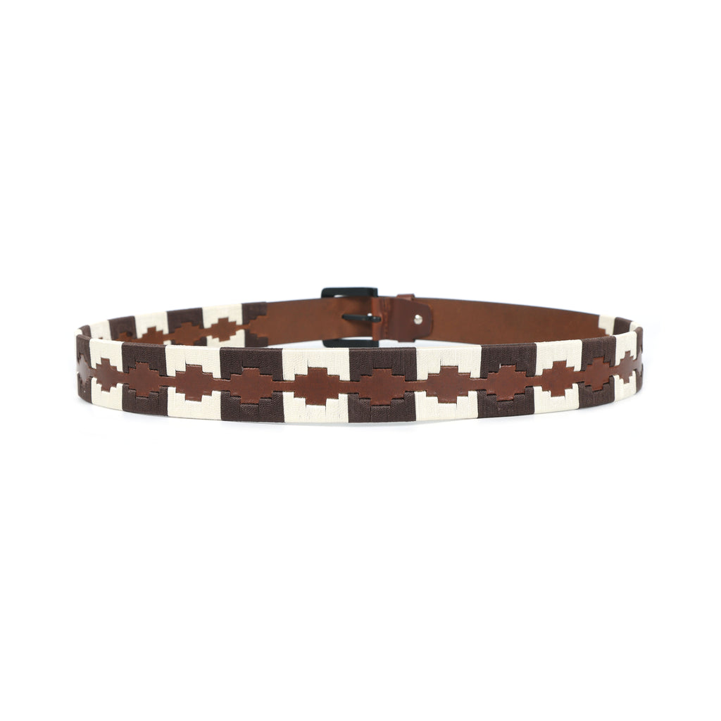 Bon Marche Brown Leather Polo Belt with Cream and Dark Brown Diamond Embroidery