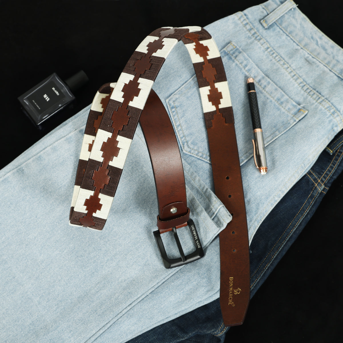 Bon Marche Brown Leather Polo Belt with Cream and Dark Brown Diamond Embroidery